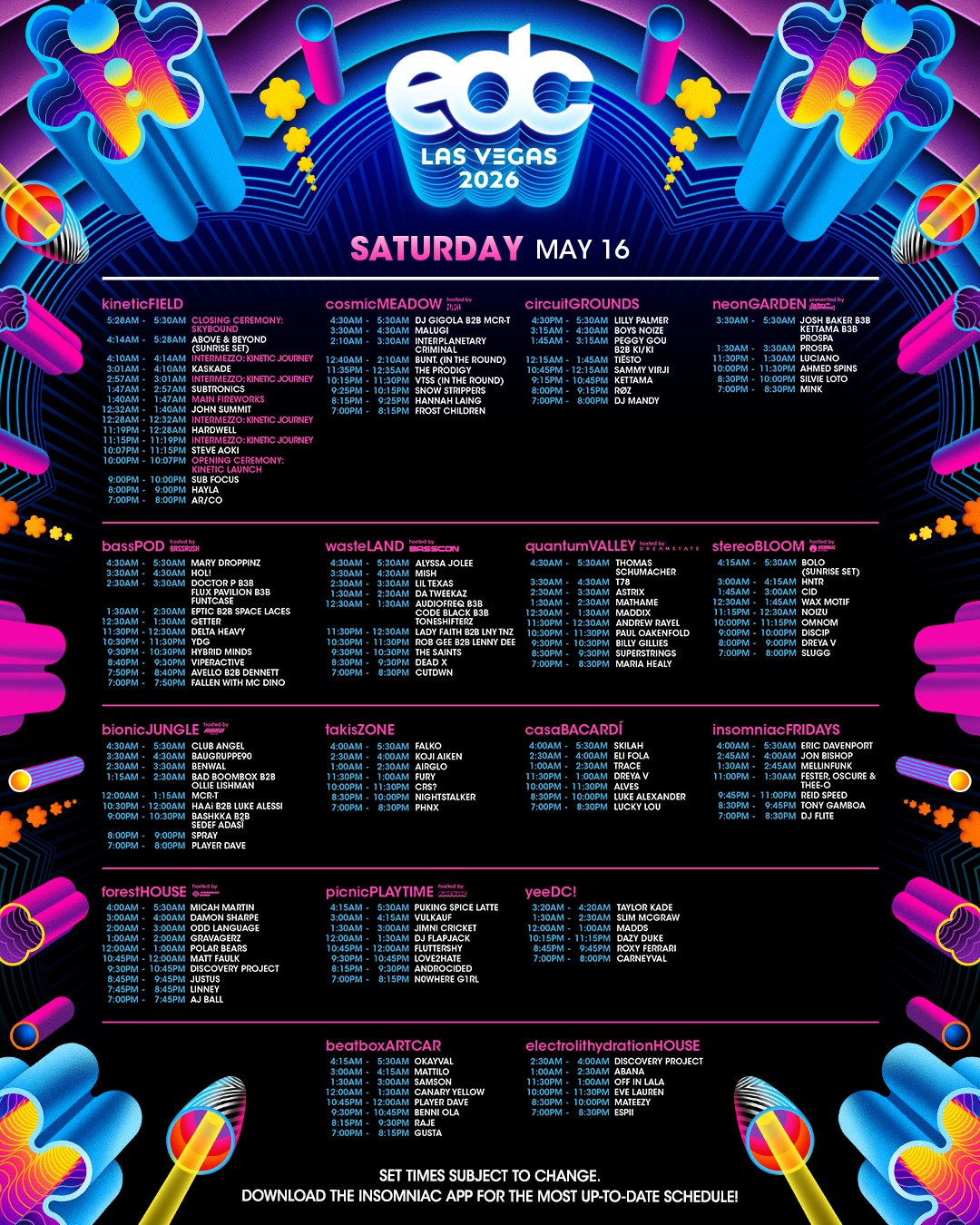 EDC 2026 Essential Info: Set Times, Maps, Food Vendors, and More 12 EDC Set Times Saturday